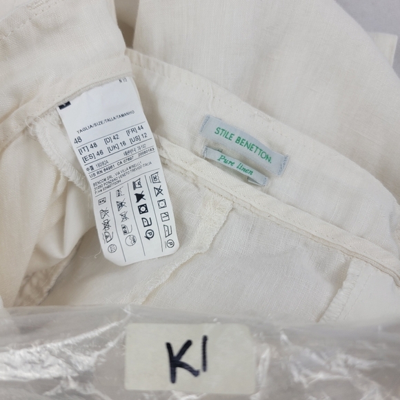Benetton pure linen front pleat straight leg cropped pant Size 12 EUR 48 - Picture 6 of 7
